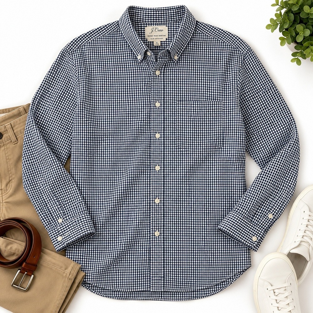 J.Crew Mens XL Slim Untucked Secret Wash Gingham Button Down Shirt Navy Blue